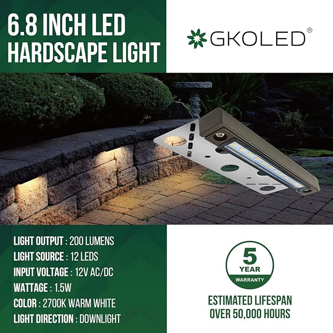 GKOLED 4-Pack Replaceable 6.8" LED Hardscape Lights, Low Voltage Retaining Wall Light, Paver Wall Hardscape Lighting, Outdoor Landscape Step Lights, 12VAC/DC 1.5W 2700K, Die-cast Aluminum Housing