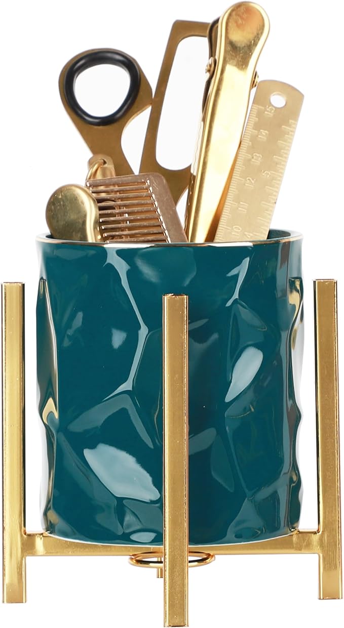 Gold pencil cup Sturdy metal frame with white ceramic pen holder For desks and kitchen appliance holders