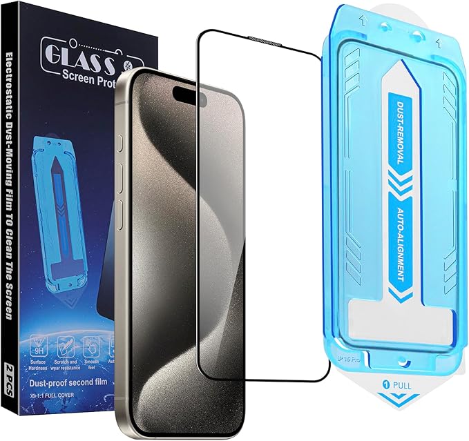 2-Pack Screen Protector for iPhone 15 Pro, 9H Tempered Glass, High Definition Clear, Full Coverage, Anti-Fingerprint, Auto Dust-Elimination, No Bubble, Easy Installation
