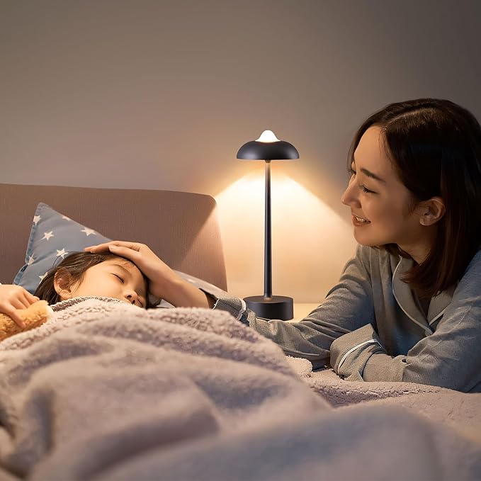 DAWALIGHT Rechargeable LED Desk Lamp - Battery Powered (USB Charging), IP54 3-Color & Brightness Stepless Dimming, 10H Runtime - Portable Aluminum Night Light for Camping, Bedroom, Patio (Black)