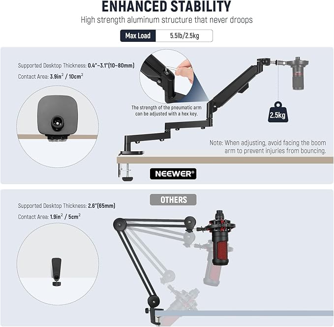NEEWER MS002 Low Profile Desk Mic Boom Arm Stand with 360° Swivel Adjustable Pneumatic Damping Cable Management Cleaning Cloth, Desktop Mount Holder Compatible with Shure MV7 SM7B Blue Yeti Microphone