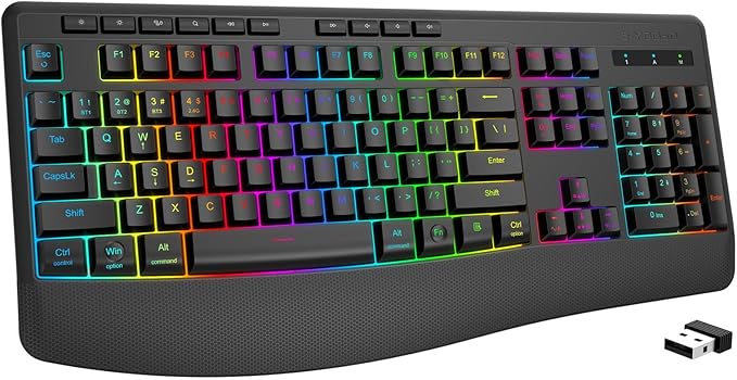 E-YOOSO RGB Wireless Keyboard, 3-Mode (2.4G/BT/USB), 9 Effects Backlits, Light Up Letters, Rechargeable Ergonomic Computer Silent Keyboard with Wrist Rest for Windows, Mac, PC, Laptop, Games
