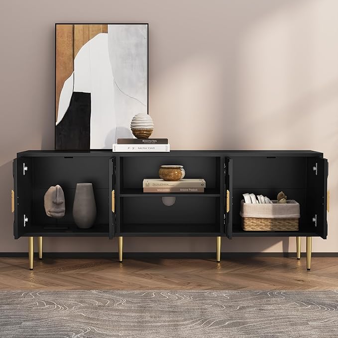 HLR 63''Modern Black TV Stand for 65/70/75 inch TV, Entertainment Center with Storage Cabinet, Mid CenturyTV Console,Embossed Pattern TV Stand, TV Media Console for Living Room, Bedroom