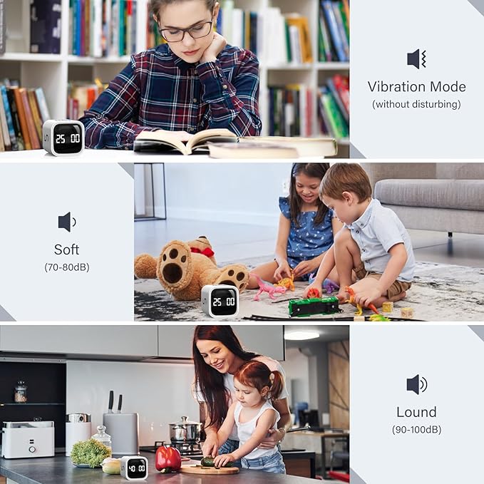 Rotating Pomodoro Timer 5, 25, 10 50 Minutes Preset, Desk Productivity Flip Timer, Cube Countdown Stopwatch for ADHD, Vibration/High/Low Volume, for Work, Study, Back to School, Kitchen, 2 White