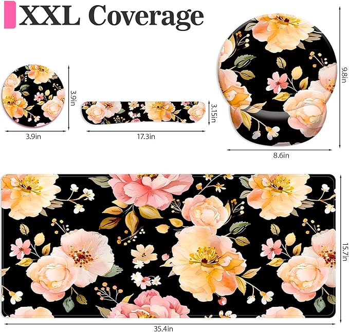 Long Mouse Pad XXL,Ergonomic Desk Mat Gaming Set,Keyboard Wrist Support Rest Mouse Pad Suitable for Office and Home (XXL Rose Set)