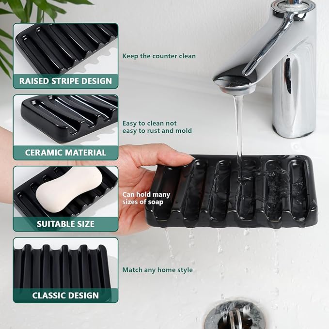 BosilunLife Ceramic Bathroom Accessories Set - Bathroom Counter Soap Set Black Bathroom Decor Sets Accessories Bathroom Lotion Soap Dispenser and Toothbrush Holder Set, Soap Dish, Apothecary Jars