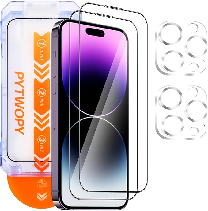 Glass Screen Protector for iPhone 14 Pro 6.1 inch[2 Pack][Easy Installation],with 2 Camera Lens Protectors,HD Clear Full Screen Tempered Glass,Case Friendly
