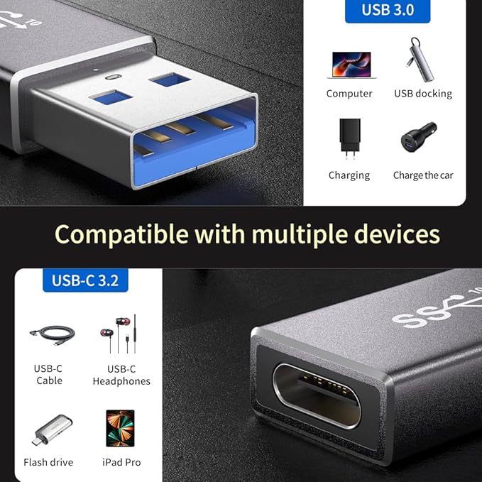 [10Gbps 2 Pack] USB A Male to USB C Female Adapter - USB 3.2 Converter High Speed 10Gbps Data Transfer & 60W Fast Charging, Compatible with Apple/iPhone/iPad