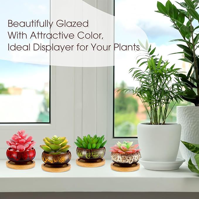 24 Pcs Ceramic Succulent Pots 2.5 Inch Small Plant Pots Indoor with Drainage and Bamboo Saucers Colorful Succulent Flower Planters for Garden Plants Home Decor(Round,1.2 Inch H)