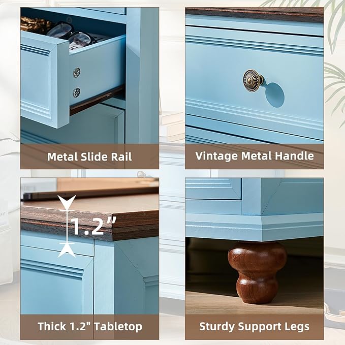 Farmhouse Nightstand Set of 2 with Charging Station, 24" Wide End Table with 3 Drawers,Dresser for Bedroom,Bed Side Table Chest of Drawers Cabinet,Wood Light Blue Night Stand for Living Room