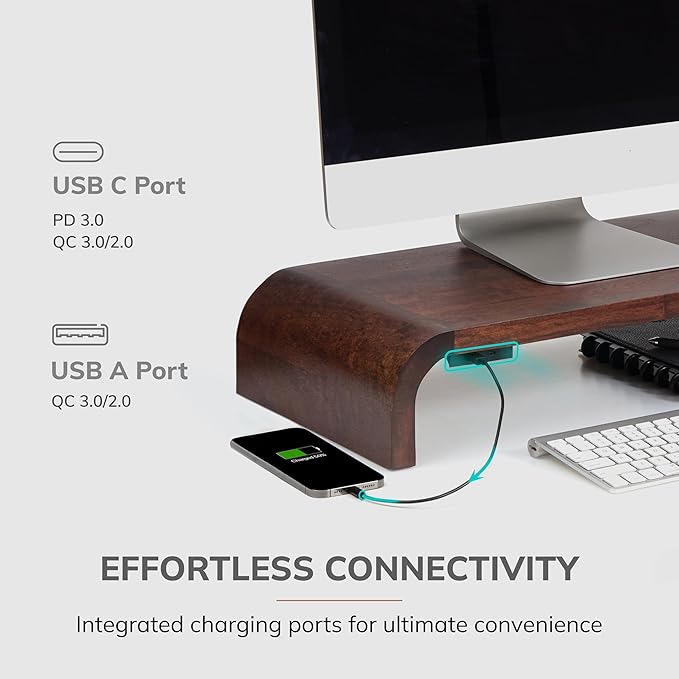 Anji Mountain Wood Monitor Stand Riser Desk Desktop Organizer Table for Home, Office Workspace, Laptop Riser, Ergonomic Design Stand for Gaming Setup, with Power Source, Walnut