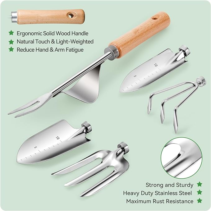 Garden Tools 9-Piece Heavy Duty Gardening Hand Tools with Fashion and Durable Garden Tools Organizer Handbag, Rust-Proof Garden Tools Set, Ideal Gardening Gifts for Women (Black Red)