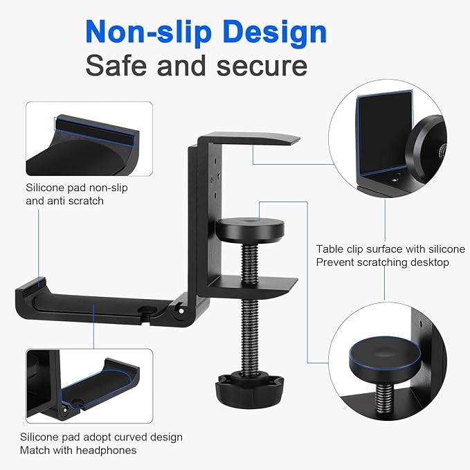 Aluminum Headphone Stand Hanger Foldable with Cable Clip Headset Holder Clamp Hook Under Desk, Save Your Space While Working & Gaming