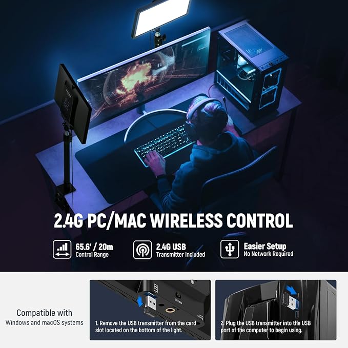 NEEWER 25W 12.9" Streaming Key Light with Desk Stand/2.4G Remote/USB Transmitter, PC/Mac APP Control Dimmable Edge Lit Video Panel Light with 2300Lux 2900K-7000K CRI98+ for Webcam Laptop Zoom, GL25B