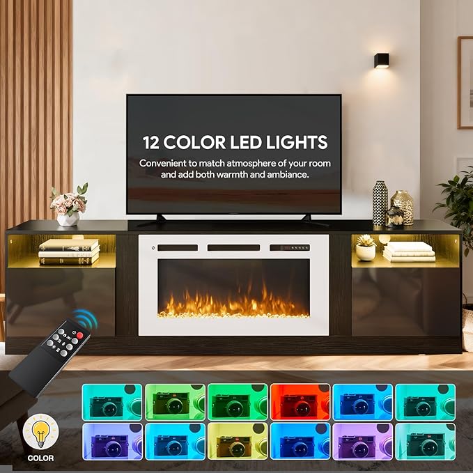 70" TV Stand with 36" Electric Fireplace, Large Modern Media Entertainment Center with Storage Cabinet and 12 Colors LED Lights for TVs Up to 80",Black & White