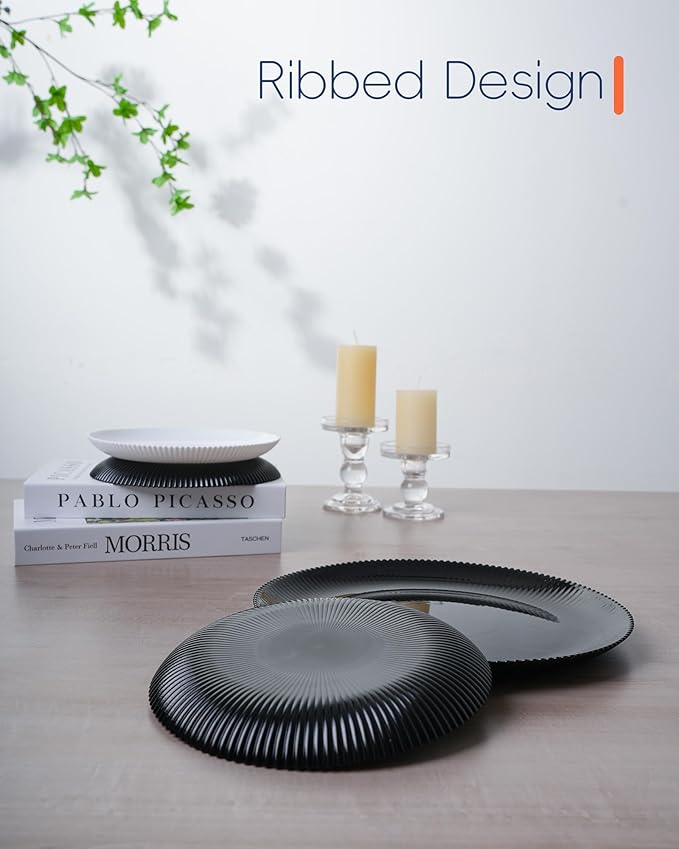 10.5 inch Ribbed Dinner Plate Set of 6, Round Opal Glass Black Dinnerware Plates, Dishwasher and Microwave Safe