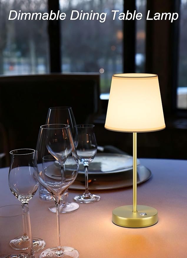 2 Pack Cordless LED Table Lamps, Battery Operated Fabric Shade Desk Lamp, 3 Color Stepless Dimmable Rechargeable Lamp for Dinner/Restaurant/Bedroom/Bars/Camping(Gold)
