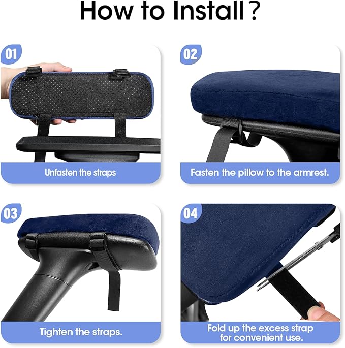 ZNCMRR 2 Pack Office Chair Armrest Pads Covers with Memory Foam Elbow Pillow for Forearm Pressure Relief, Black Arm Rest Covers for Office Chairs, Wheelchair, Comfy Gaming Chair(Blue)