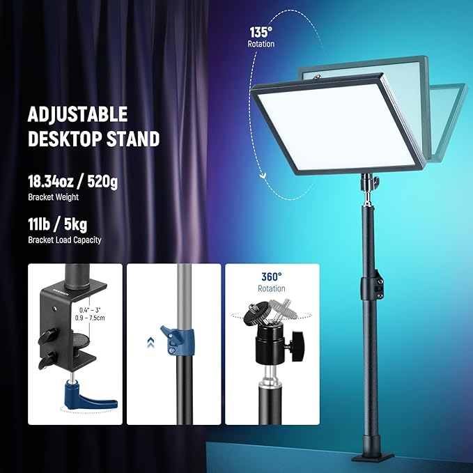 NEEWER GL25C LED RGB Streaming Key Light, APP/PC Control 25W 2500Lux/0.5m 2900K-7000K CRI95+/TLCI97+ Full RGB Dimmable Edge Emitting Silent Webcam Video Light with Desk Stand