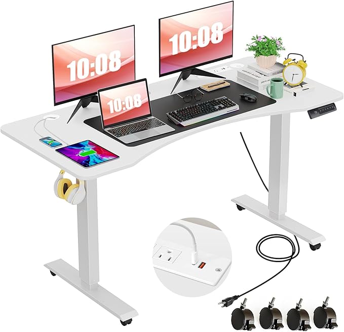 farexon Electric Standing Desk Adjustable Height, 55x24 Inches Stand Up Desk with Charging Station, Lockable Casters,27.5''-46.5'' Lifting Range Home Office Computer Desk（White