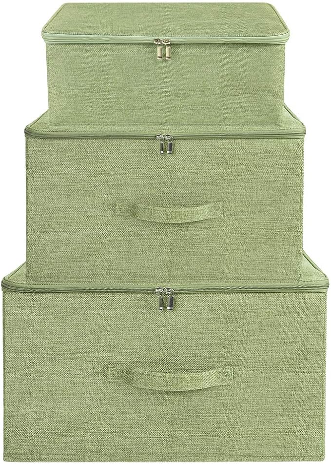 ANMINY 3PCS Storage Bins with Zipper Lids 36 Qt Lidded Fabric Storage Boxes Baskets Cubes with Handles Collapsible Washable Cotton Linen Closet Shelf Clothes Organizer Containers - Green, Large