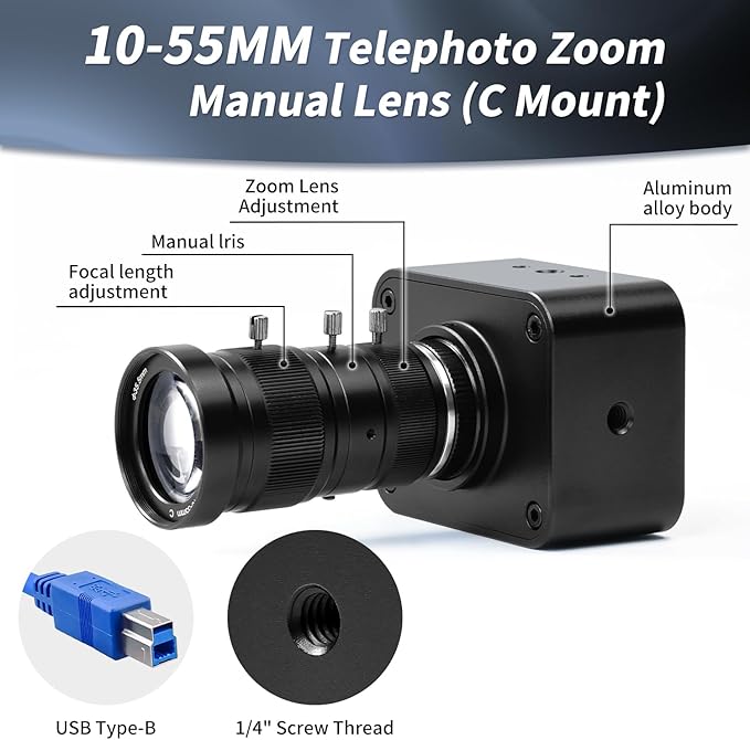 MOKOSE USB Camera 4K, USB3.0 Manual Focus Webcam with C-Mount 10-55mm Telephoto Zoom Lens, IMX678 1/1.8" 8MP Sensor Support YUY2,Web Camera for Desktop Computer Laptop