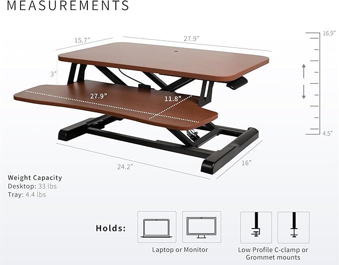 VIVO 28 inch Desk Converter, K Series, Height Adjustable Sit to Stand Riser, Dual Monitor and Laptop Workstation with Keyboard Tray, Dark Walnut Top, Black Frame, DESK-V028KA