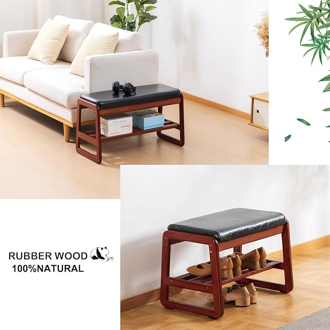 latifolia Solid Wood Bench, Entryway Shoe Bench with Cushion, 2 Tier Shoe Storage Organizer for Hallway, Living Room(Black,21.65''L)