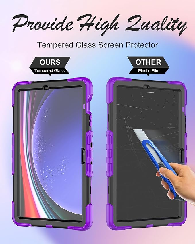 Case for Samsung Galaxy Tab S10 Plus/ S9 FE Plus/ S9 Plus 12.4" Tablet Case with Tempered Glass Screen Protector, Rotating Kickstand, S Pen Holder, Hand & Shoulder Strap (Purple)