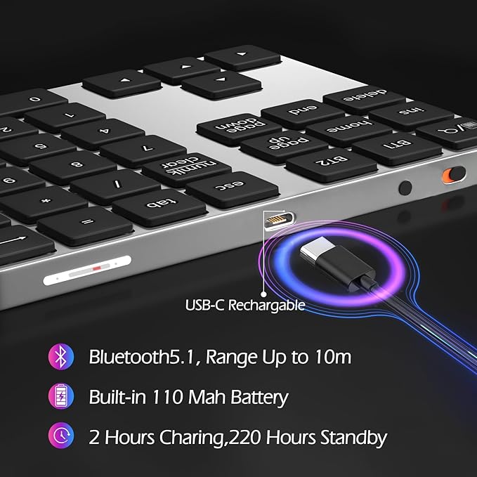 Foloda Bluetooth Number Keypad, Wireless 10 Keys Number Pad for Laptop, 34 Keys Rechargeable Numeric Numpad Key Pad Extensions Keyboard for Chromebook Notebook MacBook