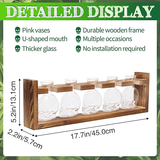 Plant Terrarium Propagation Stations Halloween Skull Planter Vase Skulls Decor with Wooden Stand Gife for Father - 5 Vases