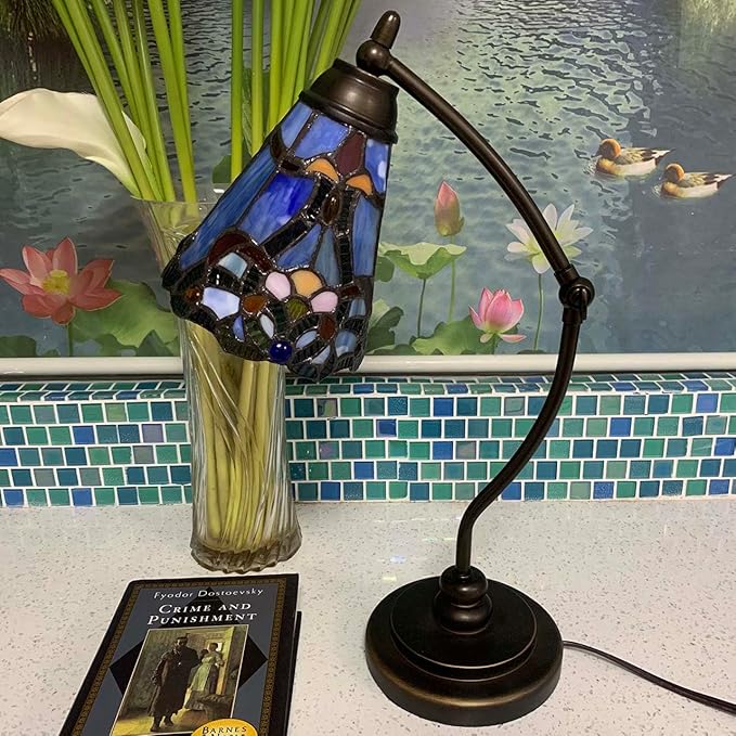 Bieye L10688 Tiffany Style Stained Glass Table Lamp Night Light with Swing Arm Base for Working Reading Home Decoration (Baroque Blue)