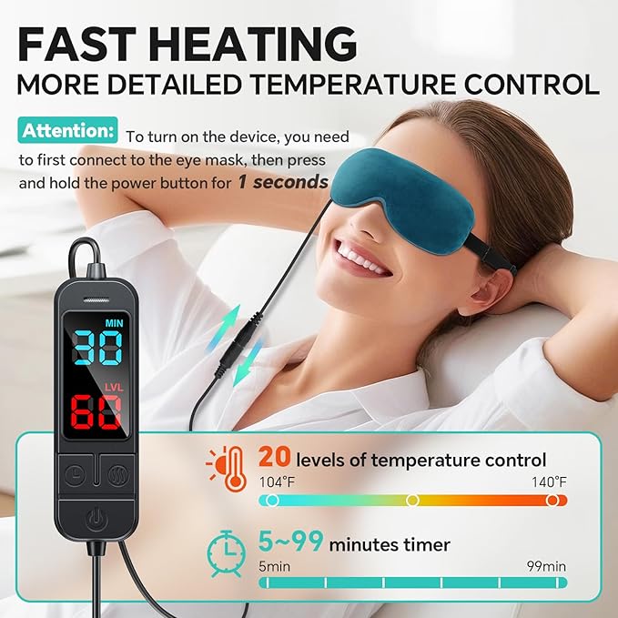 Heated Eye Mask for Dry Eyes, Stye & Migraines Relief - USB Electric Warm Compress with 20 Temp/Time Settings, Washable Flaxseed Cover for MGD, Blepharitis & Eye Strain