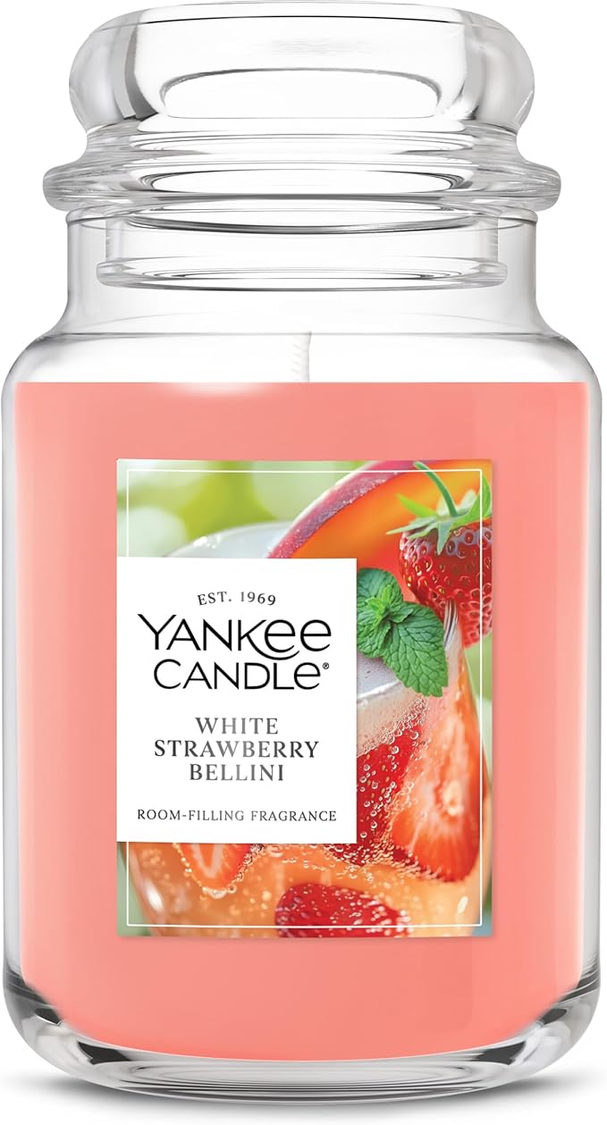 Yankee Candle Large Jar Scented Candle with up to 150 Hour Burn Time, Premium Plant Wax Blend for Consistent Burn, 22 oz Jar Candle with Room Filling Fragrance, White Strawberry Bellini