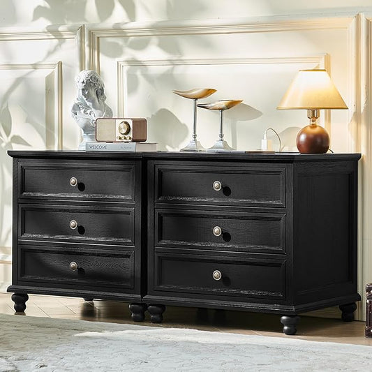 Farmhouse Nightstand Set of 2 with Charging Station, 24" Wide End Table with 3 Drawers,Dresser for Bedroom,Bed Side Table Chest of Drawers Cabinet,Wood Black Night Stand for Living Room