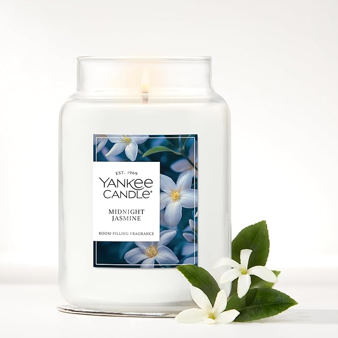 Yankee Candle Large Jar Scented Candle with up to 150 Hour Burn Time, Premium Plant Wax Blend for Consistent Burn, 22 oz Jar Candle with Room Filling Fragrance, Midnight Jasmine