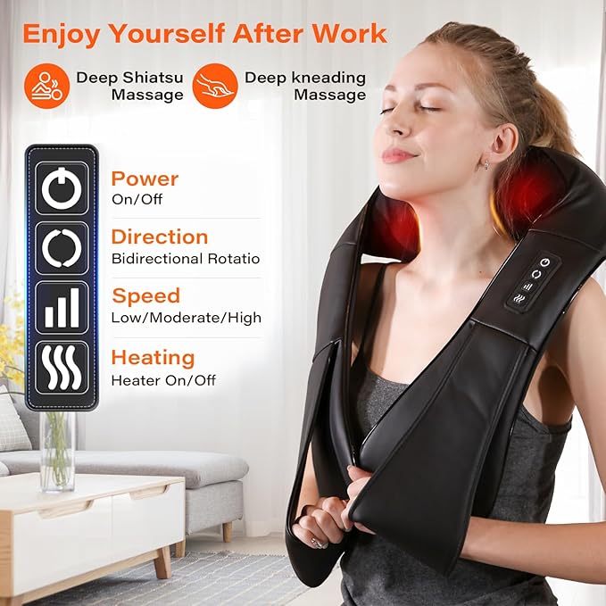 Shiatsu Neck Massager, Electric Neck and Back Massager with Heat, 3D Kneading Massage Pillow for Back, Shoulder, Muscle Pain Relief, Office & Home & Car Use, Fits for Parents