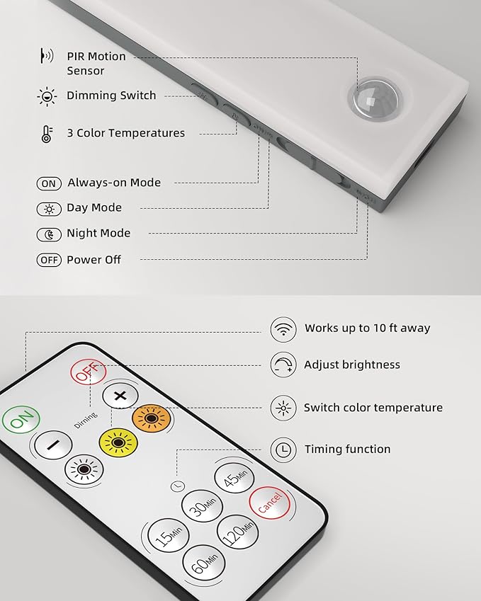 EZVALO 62 LEDs Under Cabinet Lighting, 2000mAh LED Closet Lights with Remote 3 Color Temps, Rechargeable Motion Sensor Lights Indoor Battery Operated, Wireless Under Counter Lights for Kitchen 3 Pack
