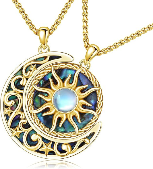Yin Yang Necklaces 925 Sterling Silver Friendship Sun Moon/Mountain/Dolphin/Tree of Life/Flower/Wings Pendant Necklace Moonstone Abalone Opal Jewelry for Women Men Couples