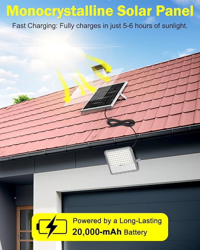 Outdoor Solar LED Flood Lights: Waterproof Security Patio Lights with Remote Control, 6500K Bright Illumination Dawn to Dusk Lighting for Fence, Yard, Backyard, Wall, House (20000MAH)