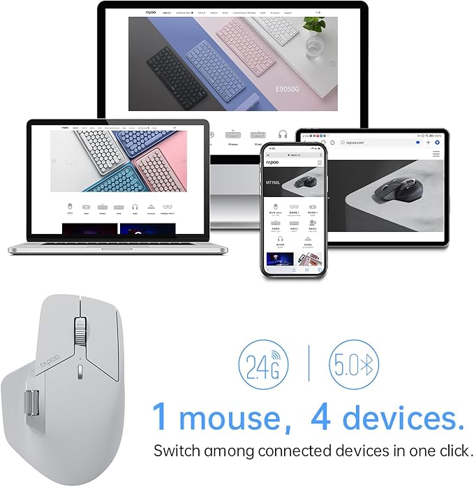Rapoo MT760 Multi-Device Wireless Mouse, Bluetooth 5.0 and 2.4G Multi-Mode Connection, Up to 4 Devices, 11 Programmable Buttons, 4K DPI, 90 Days Battery Life, PC, Light Grey