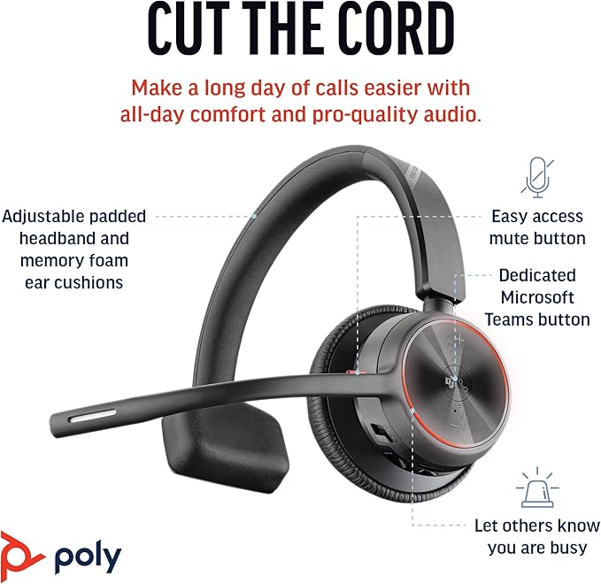 Poly Voyager 4310 UC Wireless Headset (Plantronics) - Single-Ear Bluetooth Headset w/Noise-Canceling Boom Mic - Connect PC/Mac/Mobile via Bluetooth - Works w/Teams (Certified), Zoom - Amazon Exclusive