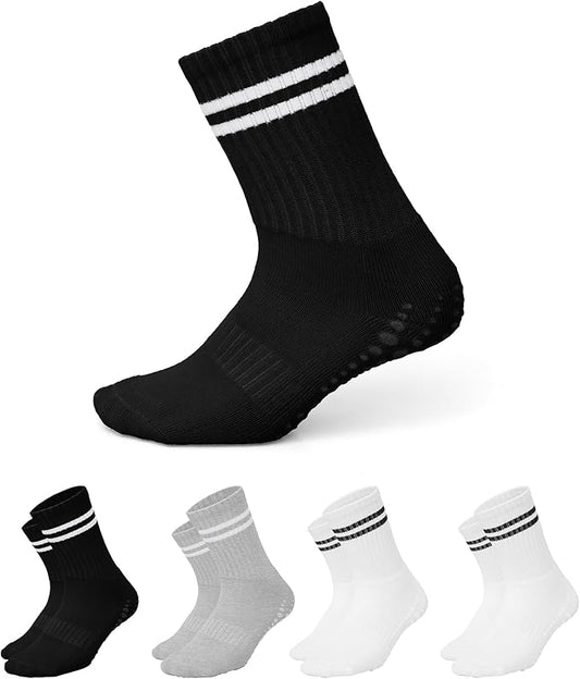 AMELLE Pilates Mid Crew Grip Socks for Women Non Slip – Half Cushioned Striped Yoga Barre Crew Socks with Grips – Anti Skid