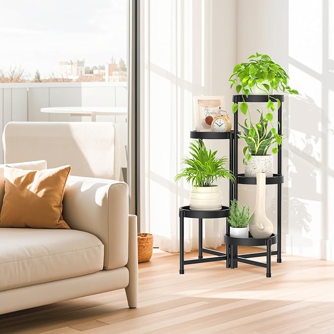 iDavosic.ly 5 Tier Folding Plant Stand Indoor Outdoor with Plastic Tray, Tiered Corner Flower Holder Shelf, Metal Orchid Display Rack for Patio Porch Living Room Garden Balcony, Modern Black