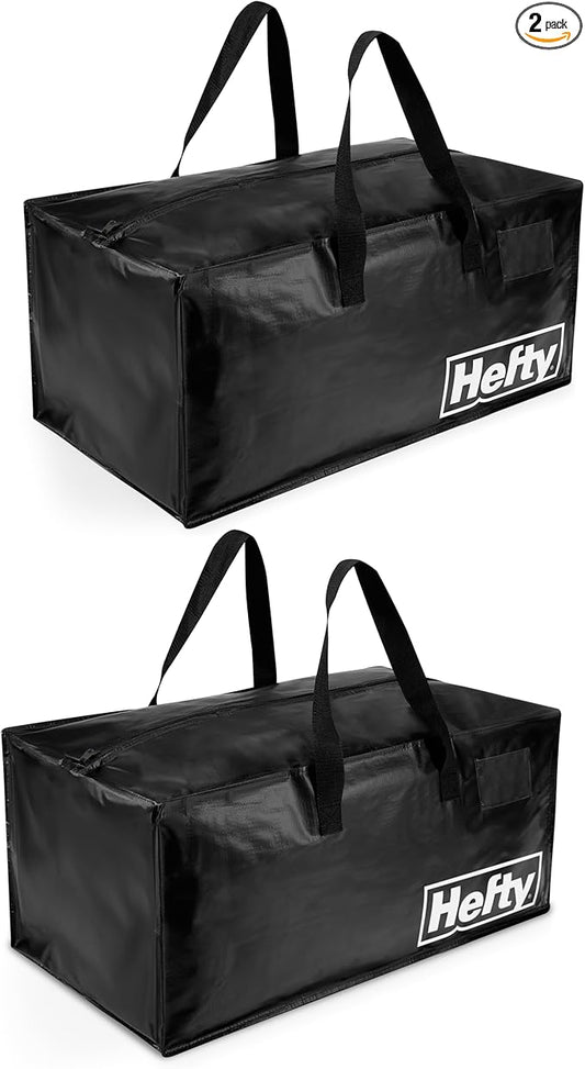 Hefty Moving Bag – Extra Large Double Zipper Backpack – Heavy Duty, Water Resistant, Foldable, Reusable Packing & Storage Tote with Shoulder Straps for Garage and Basement Organization – 2 Pack
