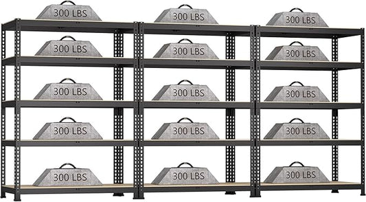 3 Packs 35.5" W x 16" D x 71" H Adjustable Garage Storage Shelves - 5-Shelf Heavy Duty Shelving Unit, Metal Utility Storage Organizer Racks for Warehouse Pantry Closet Kitchen, Black
