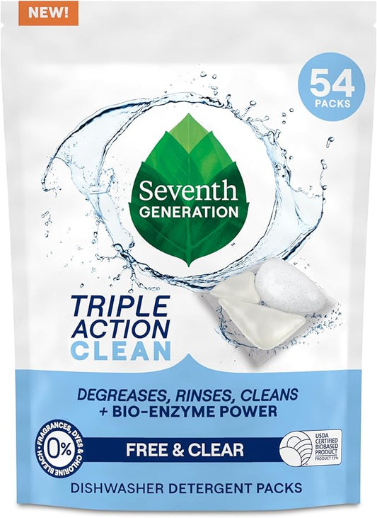 Seventh Generation Triple Action Clean Automatic Dishwasher Detergent Packs with Bio-Enzyme Power, Free & Clear, Fights 48-hour Stuck-on Food, 54 count