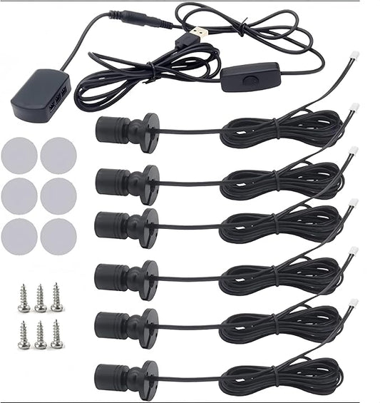 6 PCS Mini LED Spotlight for Display Cabinet, Aluminum USB Showcase Lights with Dimmer, 5V 1W Rotatable Jewelry Display Lighting for Painting Plant Picture (Cool White 6000K, Black)