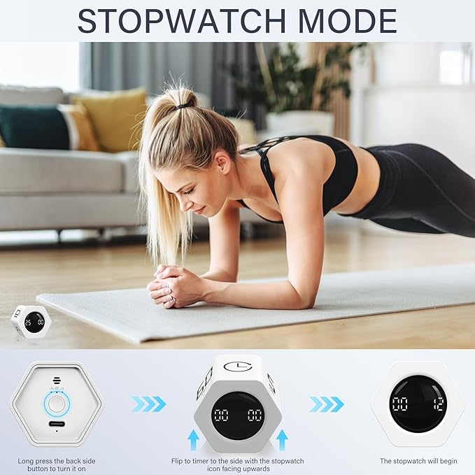 Rotating Pomodoro Timer 5, 25, 10 30,60 Mins Preset Stopwatch, Desk Flip ProductivityTimer, ADHD Tool Hexagon, Vibration/Mute/Alarm, for Work, Study, Back to School, Kitchen, White