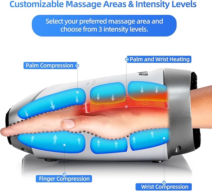 Electric Hand Massager,Cordless Hand Massager, 3 Level Heating, Fingers Palm and Wrist Chooseable, Glove-Like, Finger Separation